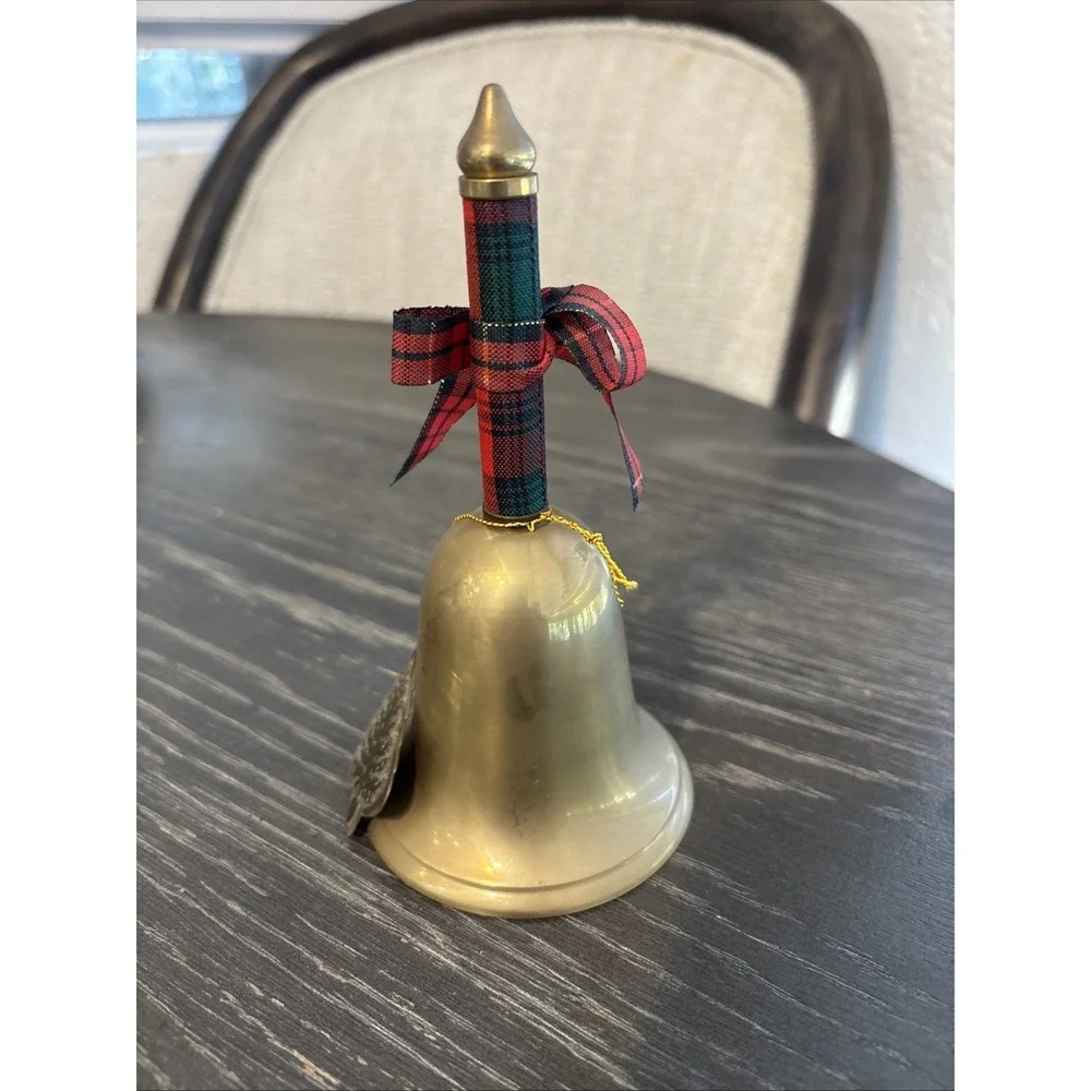 Brass Bell w/Red And Green Plaid Ribbon Wrapped Handle